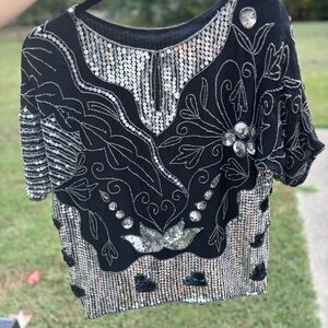 Vintage 80s Sequin Silk Top Black Silver Beaded Party Blouse S